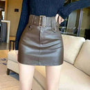 ladies skirts uk, women Wearing vintage leather brown skirt