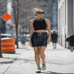 mini skirts uk offering Women_Model_Wearing_vintage_leather_black_skirt_front_view