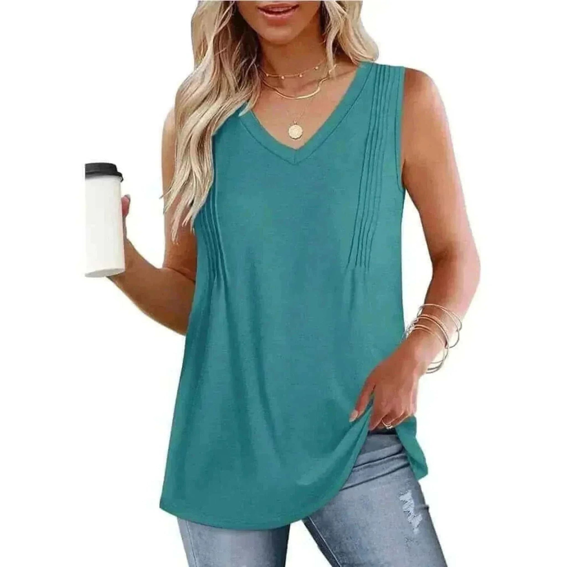 Women Wearing Malachite Blue Summer Pleated Tank Tops