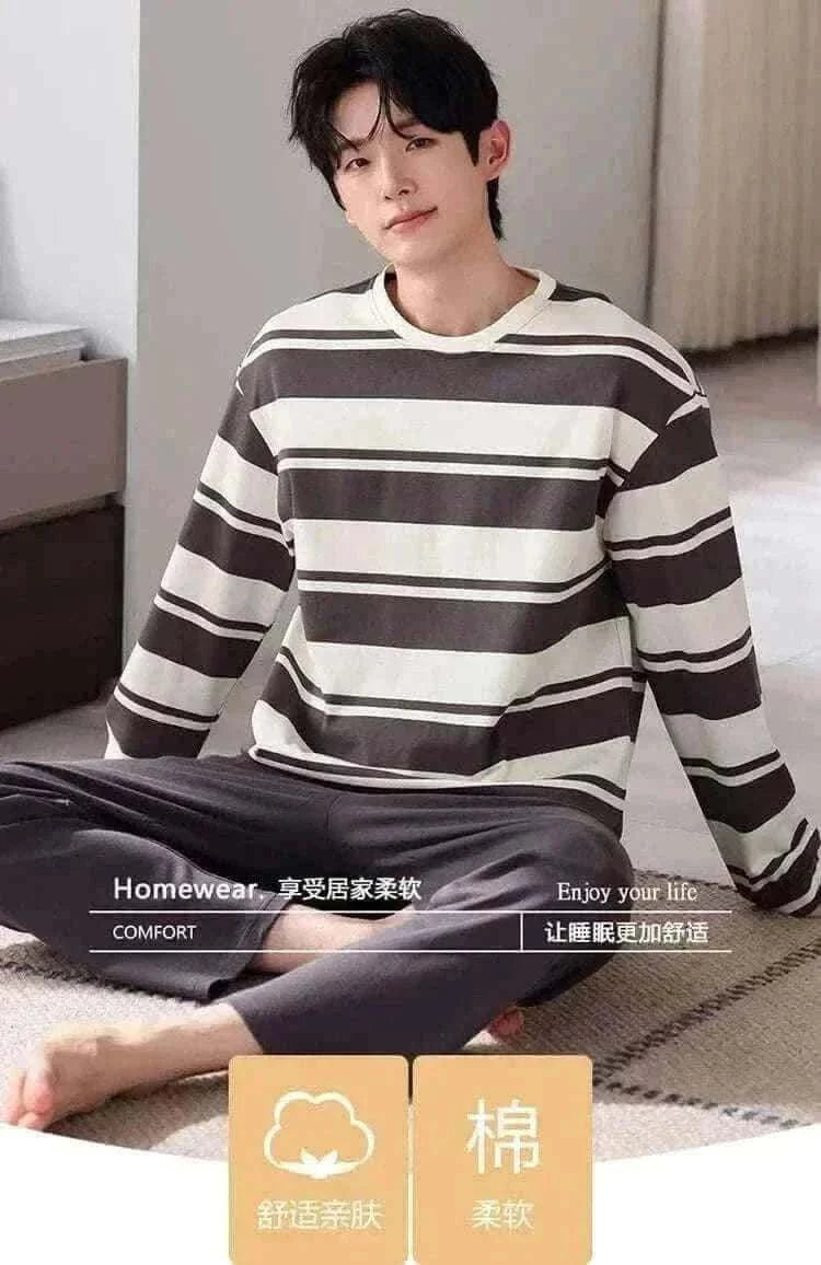 men's pyjamas uk, Men Pajamas Set 100% Cotton Striped Sleepwear Male Long Sleeve Casual Pyjamas.