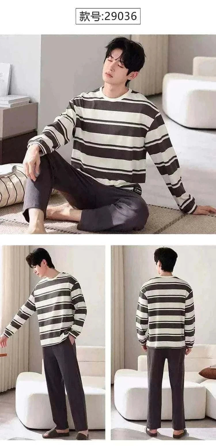 men's pyjamas uk, Men Pajamas Set 100% Cotton Striped Sleepwear Male Long Sleeve Casual Pyjamas.