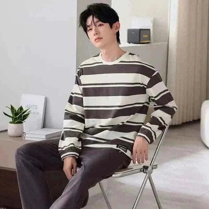 men's pyjamas uk, Men Pajamas Set 100% Cotton Striped Sleepwear Male Long Sleeve Casual Pyjamas.
