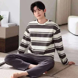 Plus Size M-4XL Men Pajamas Set 100% Cotton Striped Sleepwear Male Long Sleeve Casual Pyjamas.