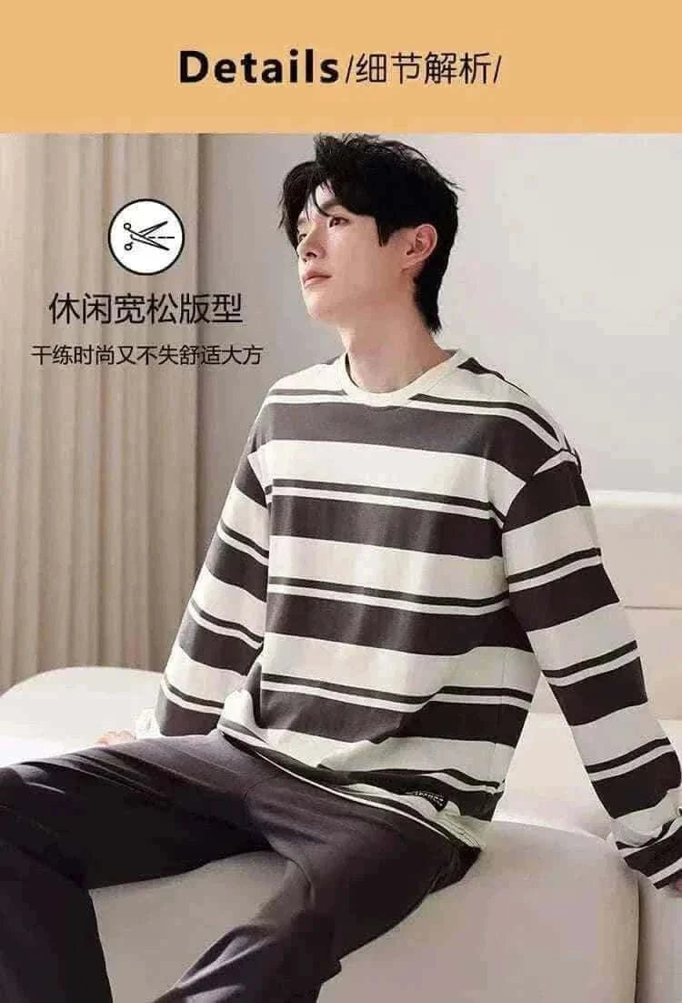 Plus Size M-4XL Men Pajamas Set 100% Cotton Striped Sleepwear Male Long Sleeve Casual Pyjamas.