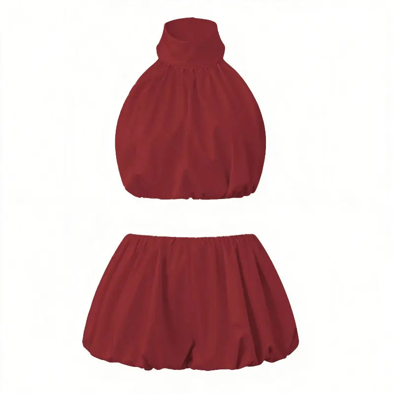 skirt uk, Backless Halter Crop Tops With Mini Skirt Female Outfit Burgundy