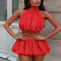 Backless Halter Crop Tops With Mini Skirt Female Outfit | Clothing Casual UK