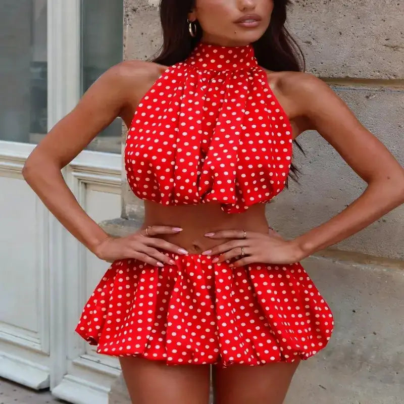skirt uk, Backless Halter Crop Tops With Mini Skirt Female Outfit Red