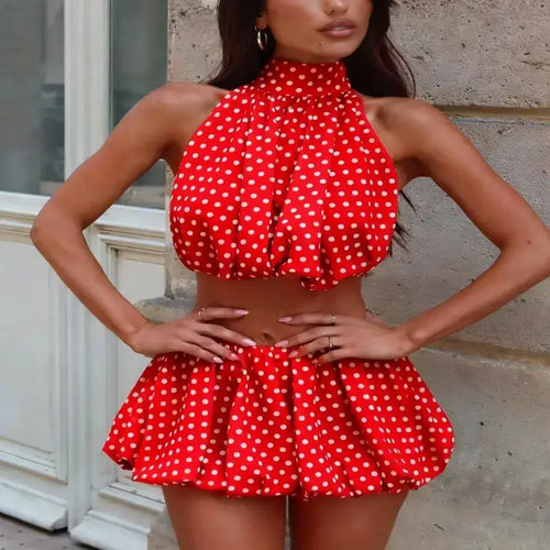 skirt uk, Backless Halter Crop Tops With Mini Skirt Female Outfit Red