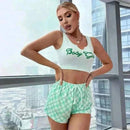 Sleepwear Women Sexy Pyjamas Set Lingerie Casual Printed Camisole with Plaid Shorts Sets.