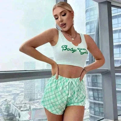 Sleepwear Women Sexy Pyjamas Set Lingerie Casual Printed Camisole with Plaid Shorts Sets.