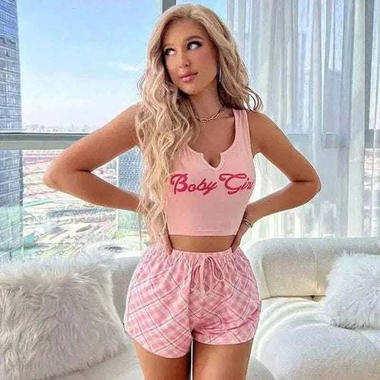 womens pyjamas uk , Sleepwear Women Sexy Pyjamas Set Lingerie Casual Printed Camisole with Plaid Shorts Sets