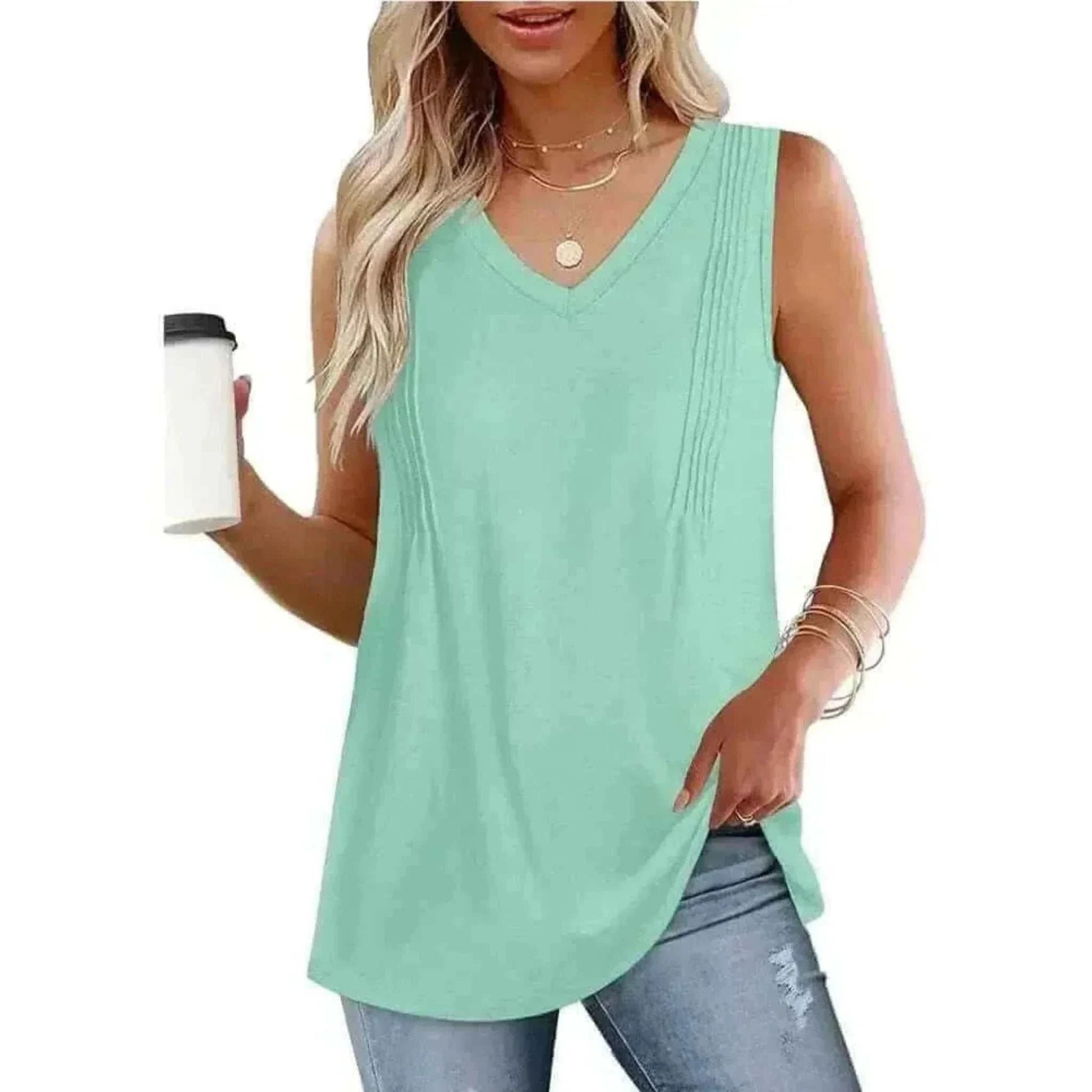 Women Wearing Light Green  Summer Pleated Tank Tops