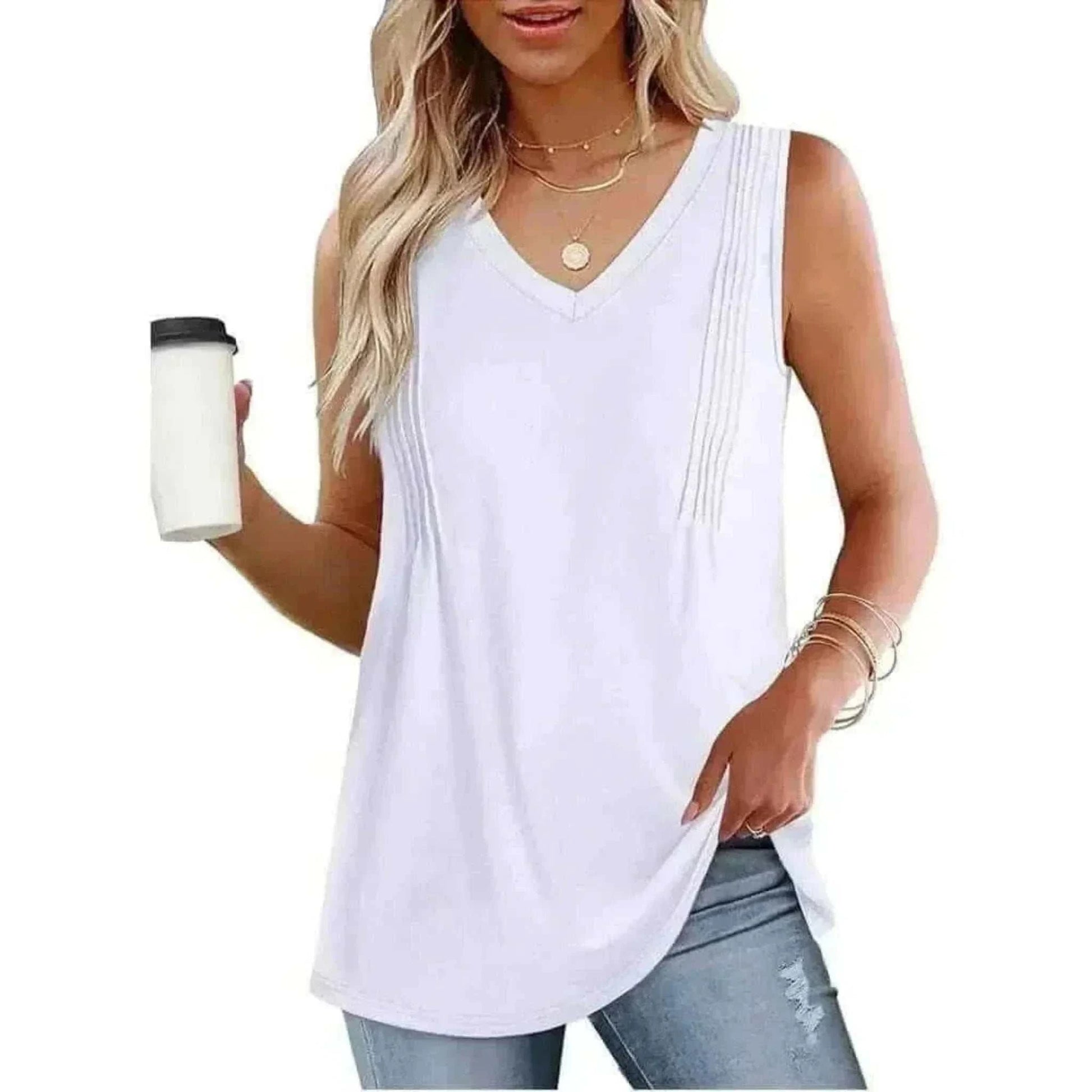Women Wearing  White Summer Pleated Tank Tops