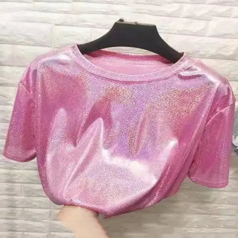 summer woman Pink tops shiny loose short