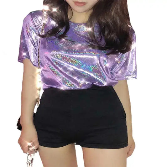 summer woman Purple  tops shiny loose short