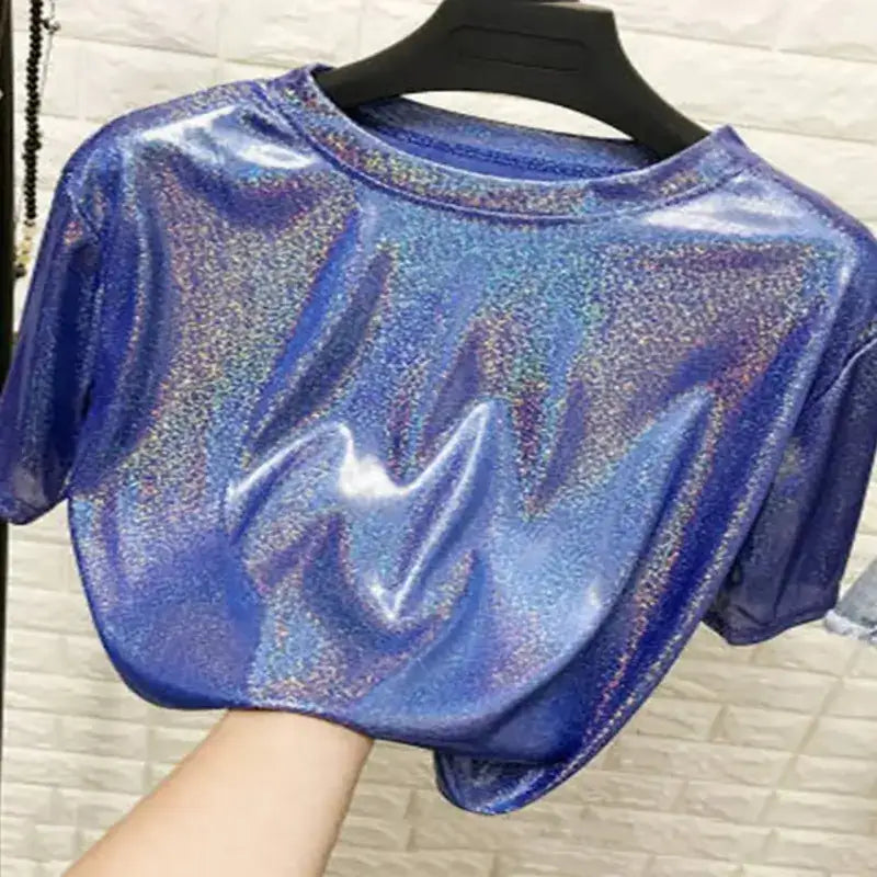 summer woman blue tops shiny loose short