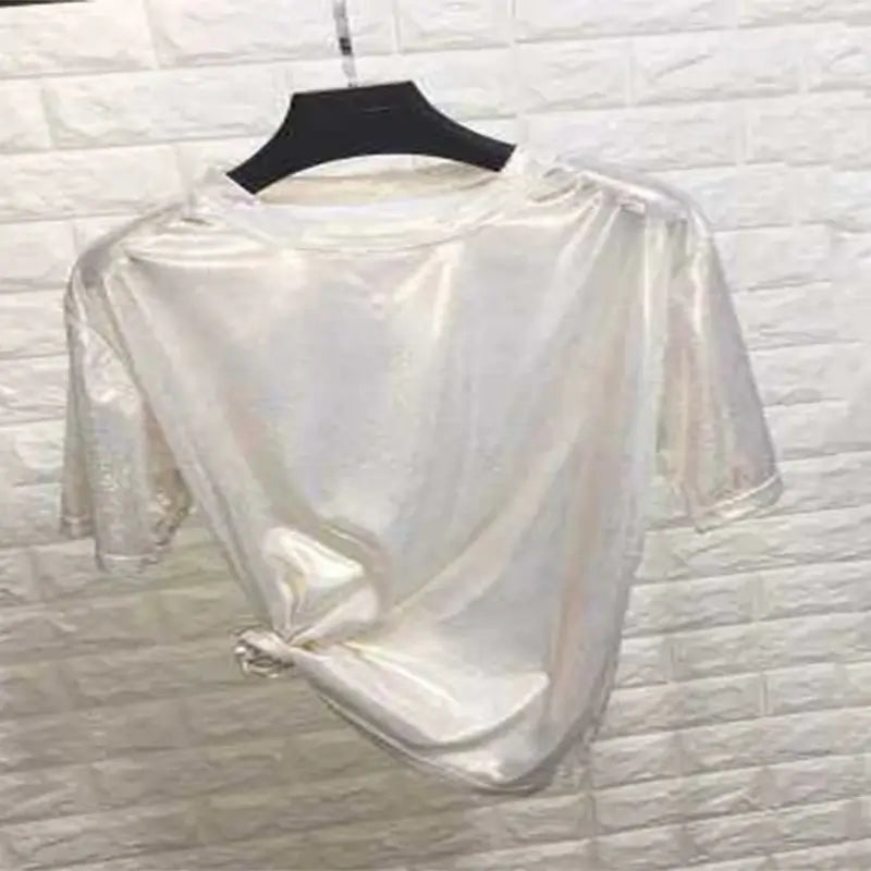 summer woman white tops shiny loose short