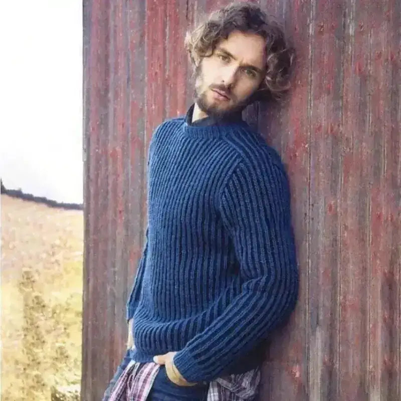 sweaters- Man Wearing Blue Sweater Long Sleeve Straight Round Pullover