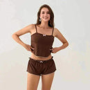 Women 2 Piece Pajamas Set Cute Bows Decor Slip Cropped