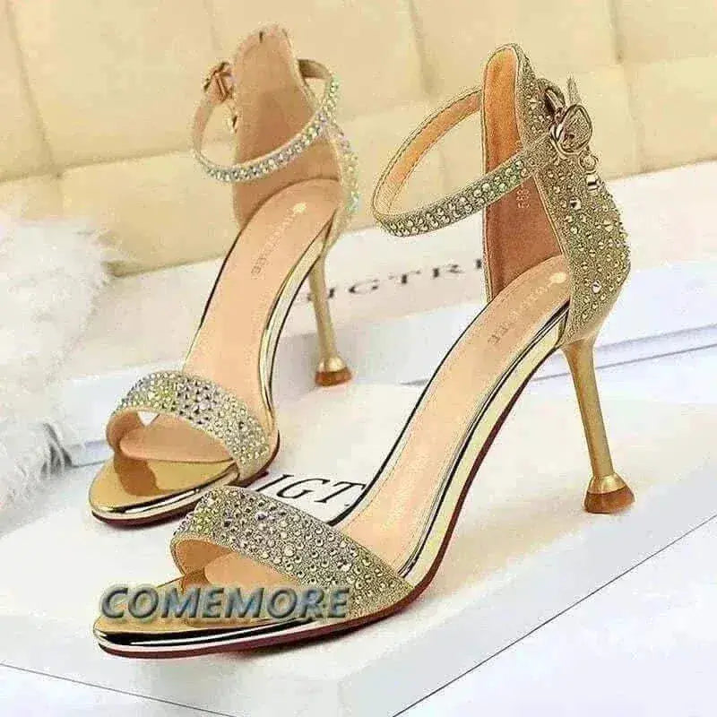 womens sandals uk, Women Summer Sandals 8.5cm High Heeled Rhinestone Crystal Middle Heels Ankle Strappy Sandles