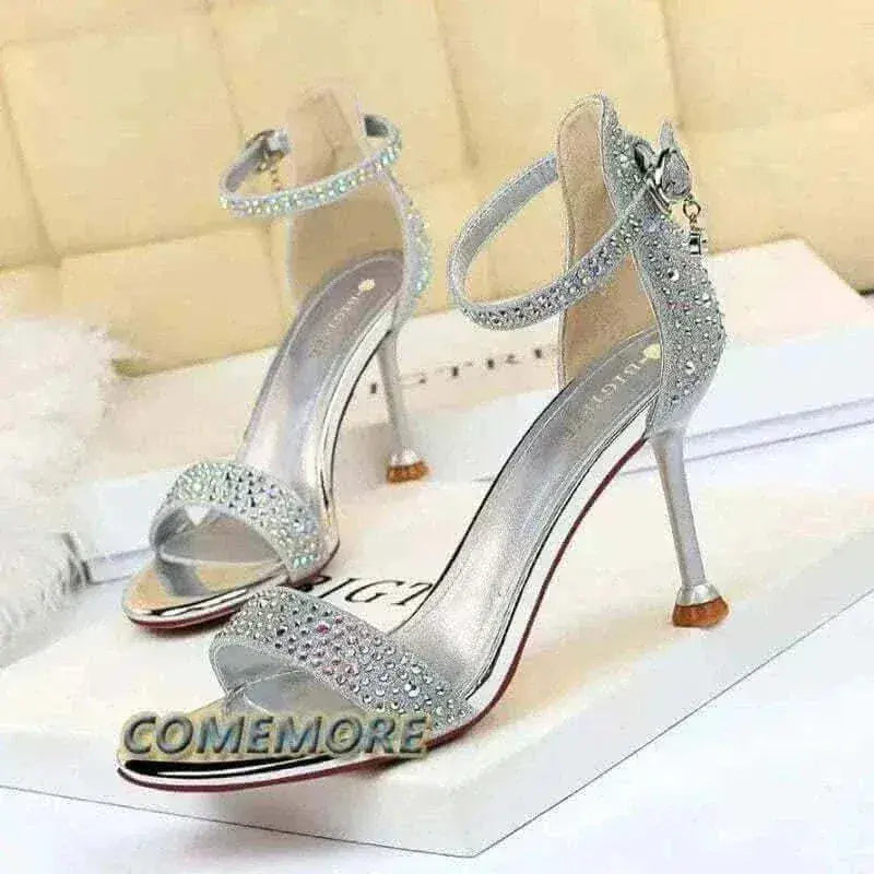 womens sandals uk, Women Summer Sandals 8.5cm High Heeled Rhinestone Crystal Middle Heels Ankle Strappy Sandles Lady Wedding Event Party Gold Shoes.