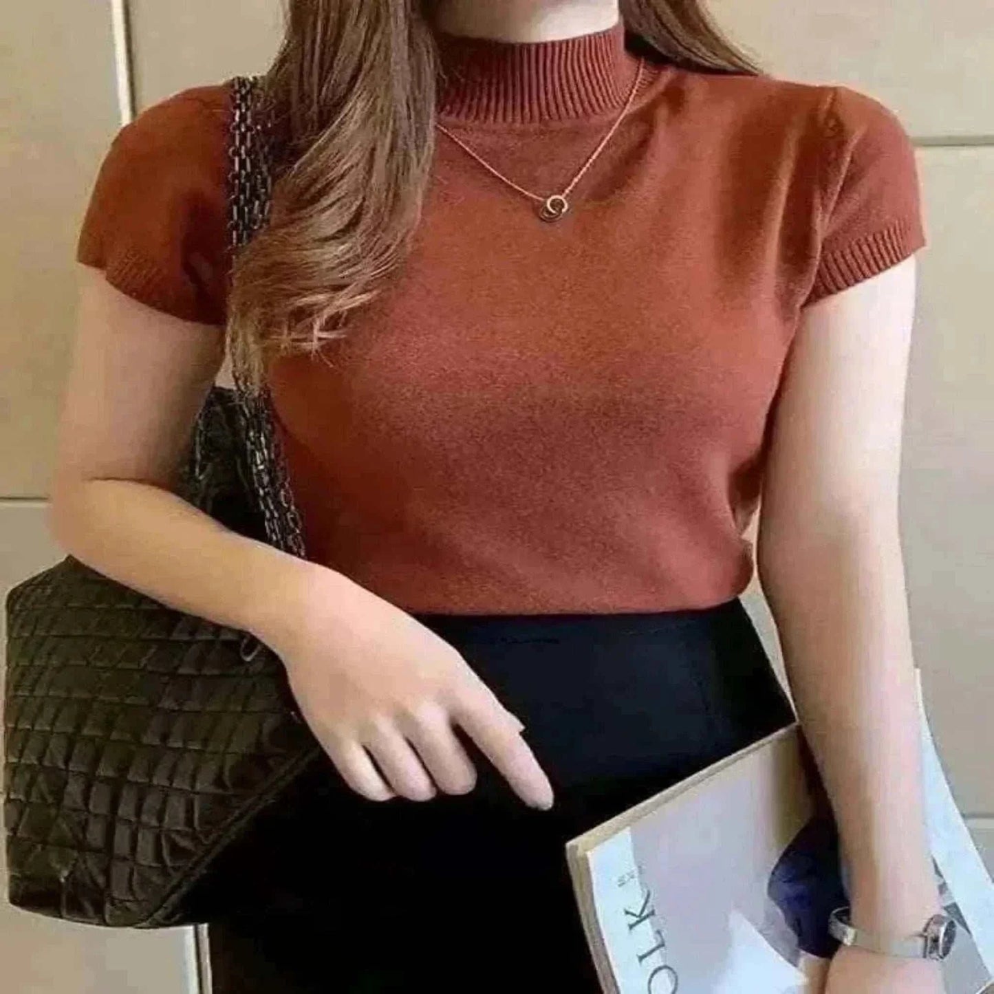 ladies summer tops uk, Women Model Wearing Caramel High Neck Tops.