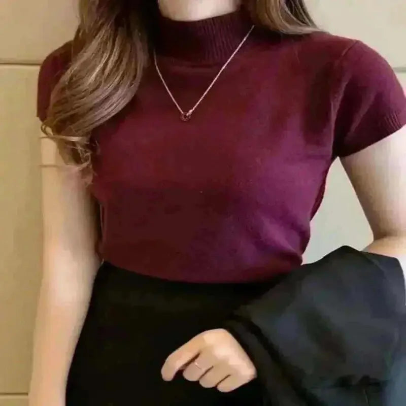 ladies summer tops uk, Women Model Wearing High Burgundy Neck Tops.