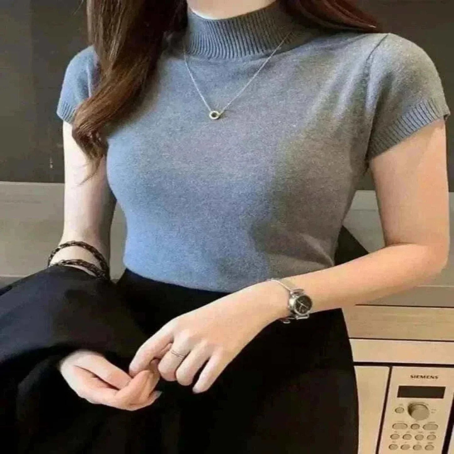 ladies summer tops uk, Women Model Wearing High Grey Neck Tops.