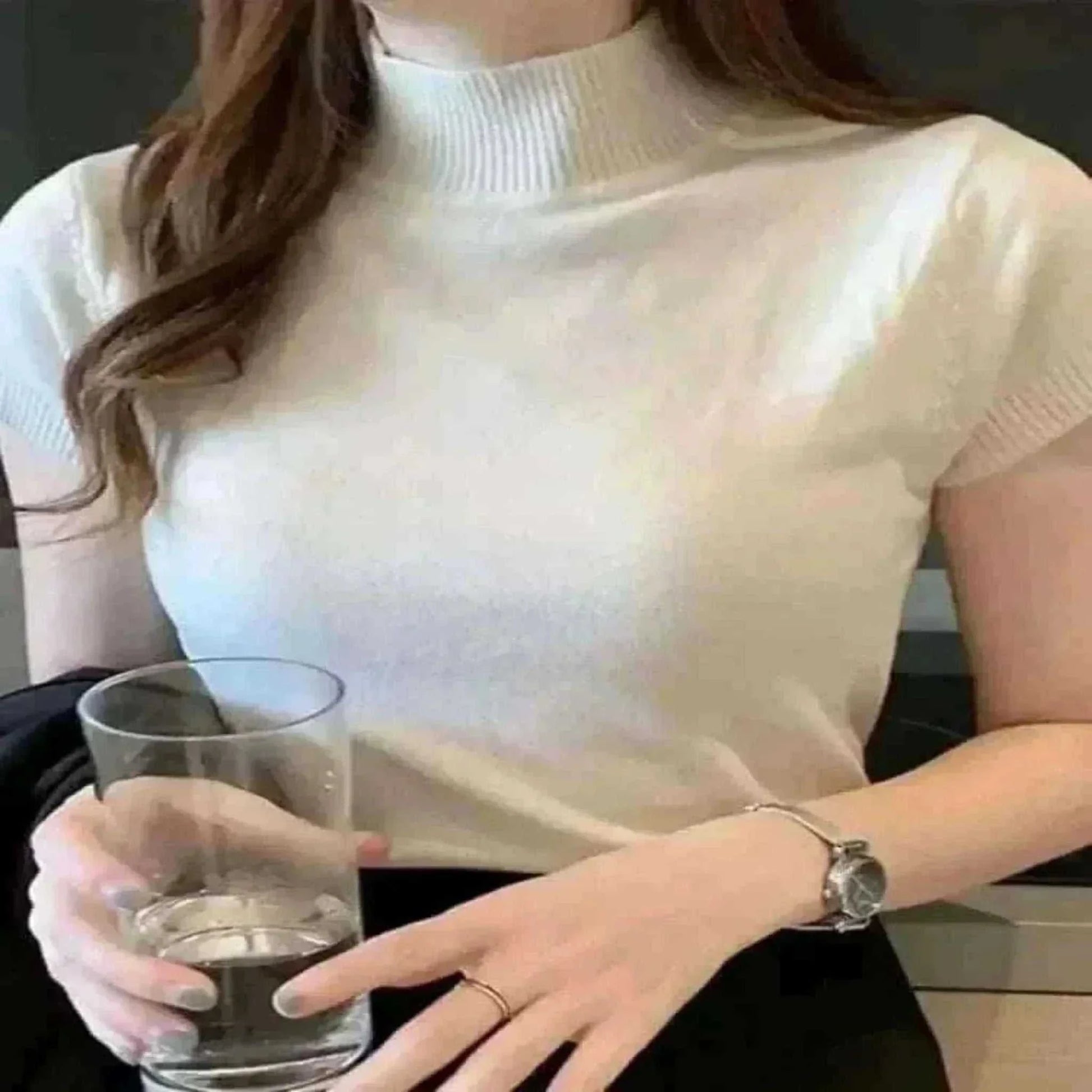 ladies summer tops uk, Women Model Wearing High White Neck Tops.