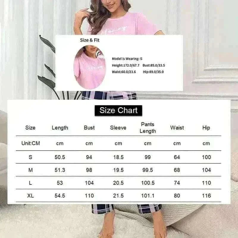 Women's Pajamas Set Casual Home Clothes Soft Comfortable Crew Neck T-Shirt & Plaid Pants.