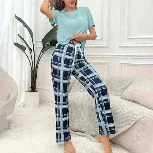 Women's Pajamas Set Casual Home Clothes Soft Comfortable Crew Neck T-Shirt & Plaid Pants.