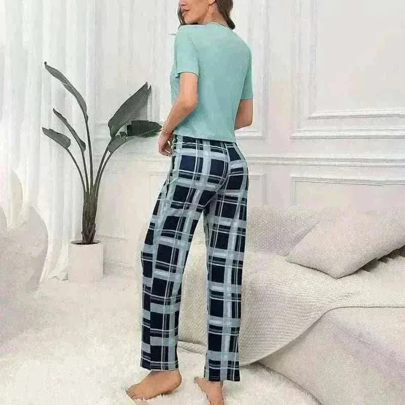 Women's Pajamas Set Casual Home Clothes Soft Comfortable Crew Neck T-Shirt & Plaid Pants