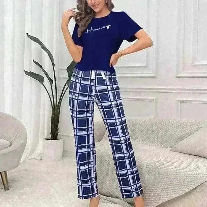 womens pyjamas uk . Women's Pajamas Set Casual Home Clothes Soft Comfortable Crew Neck T-Shirt & Plaid Pants