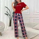 Women's Pajamas Set Casual Home Clothes Soft Comfortable Crew Neck T-Shirt & Plaid Pants.