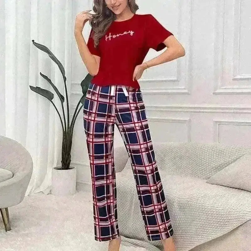 Women's Pajamas Set Casual Home Clothes Soft Comfortable Crew Neck T-Shirt & Plaid Pants.