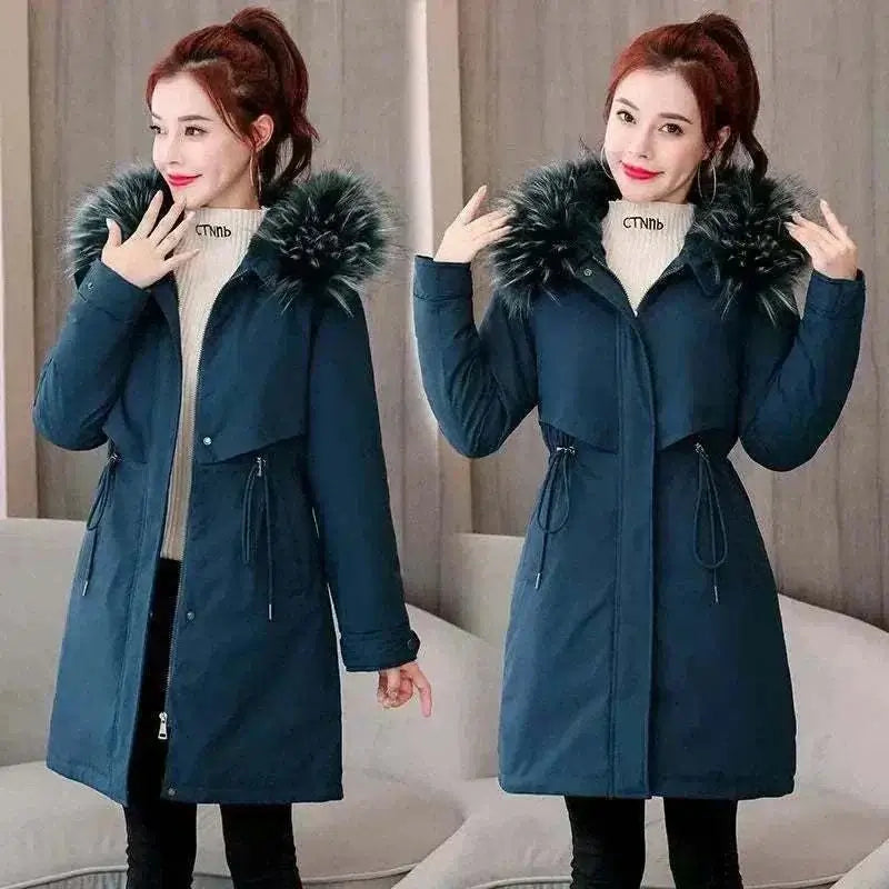 womens coats uk offers Women Navy Blue Wool New Fur Collar Long Coat