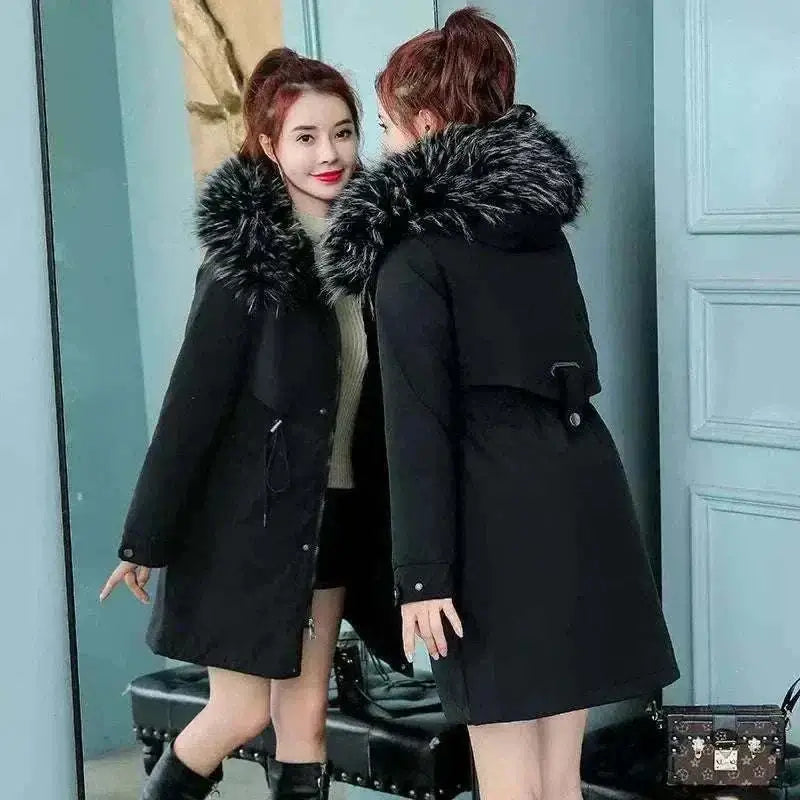 womens coats uk offers Women Black Wool New Fur Collar Long Coat 