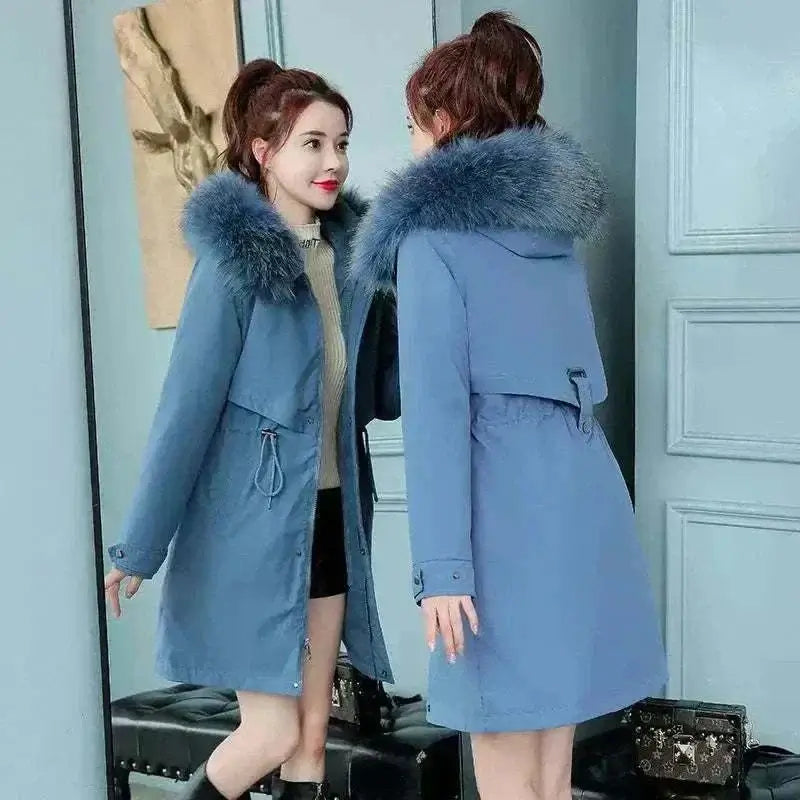 womens coats uk offers Women Blue Wool New Fur Collar Long Coat