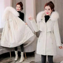 ladies coats and jackets offers Women White New Fur Collar Long Coat with Hood