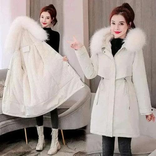 ladies coats and jackets offers Women White New Fur Collar Long Coat with Hood
