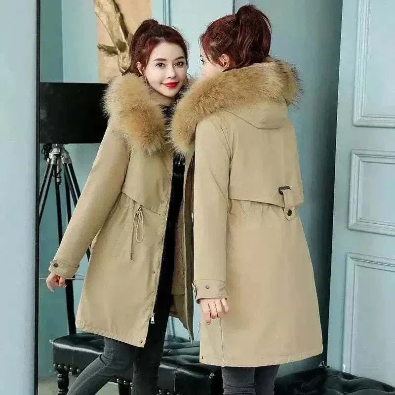 womens coats uk offers Women Khaki Wool New Fur Collar Long Coat 