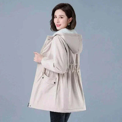 womens coats uk offers Women Winter Jackets Side View in Cotton Fabric in Beige, with Lining Plush Hooded
