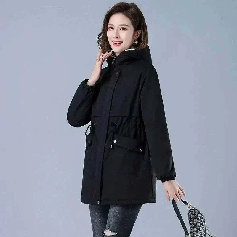 womens coats uk offers Women Winter Jackets Front Side  in cotton fabric in Black with Lining Plush Hooded