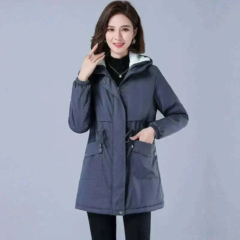 womens coats uk offers Women Winter Jackets Front View in Cotton Fabric in Blue with Lining Plush Hooded