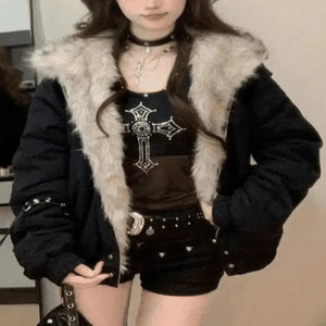 womens coats uk offers Women Winter New Black Elegant Liner with Fur Loose Coat front view